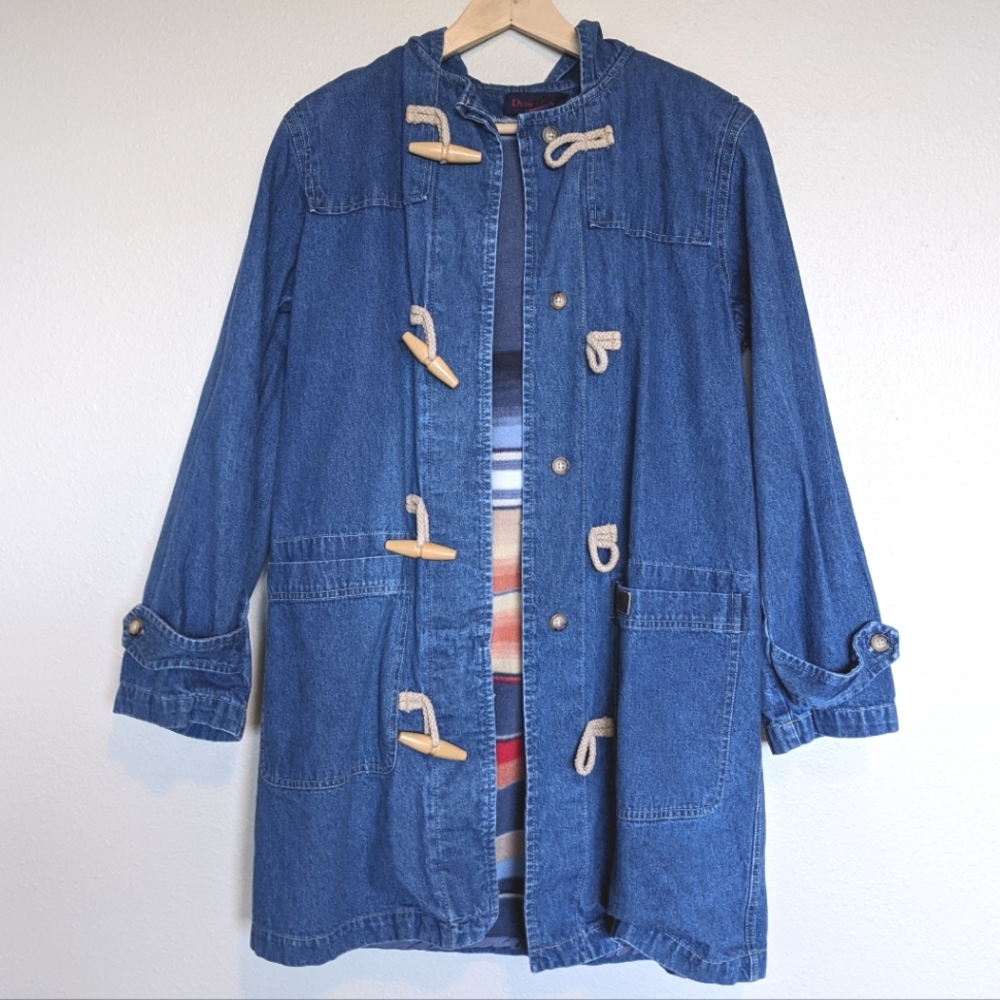 Vintage Fleece Lined Denim & Co Jean Jacket Parka Y2K with Toggles Size Small